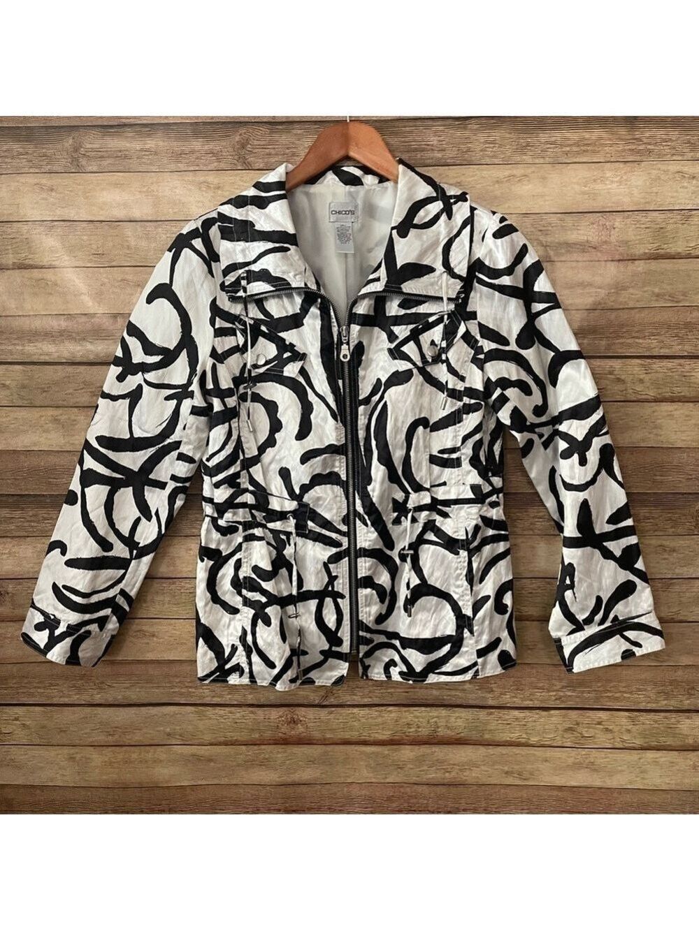 Chico’s Women’s Jacket Black White Retro Full-Zip Long Sleeve Size: 1 (8 Medium)